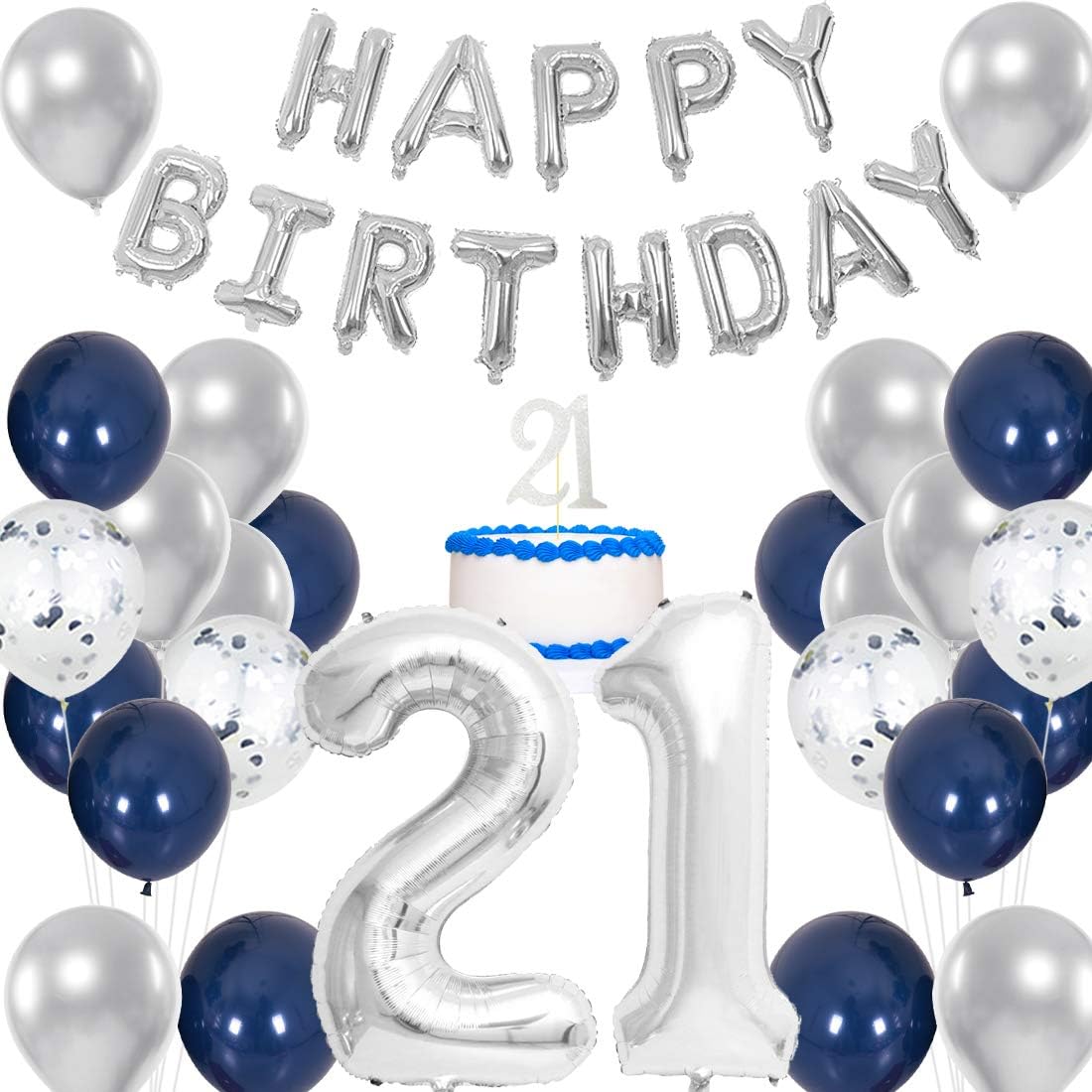 21st Birthday Decorations for Men, Navy Blue and Silver Party Decorations with 40 Inches Number Balloons Cake Topper Happy Birthday Bunting Banner: Amazon.co.uk: Kitchen & Home