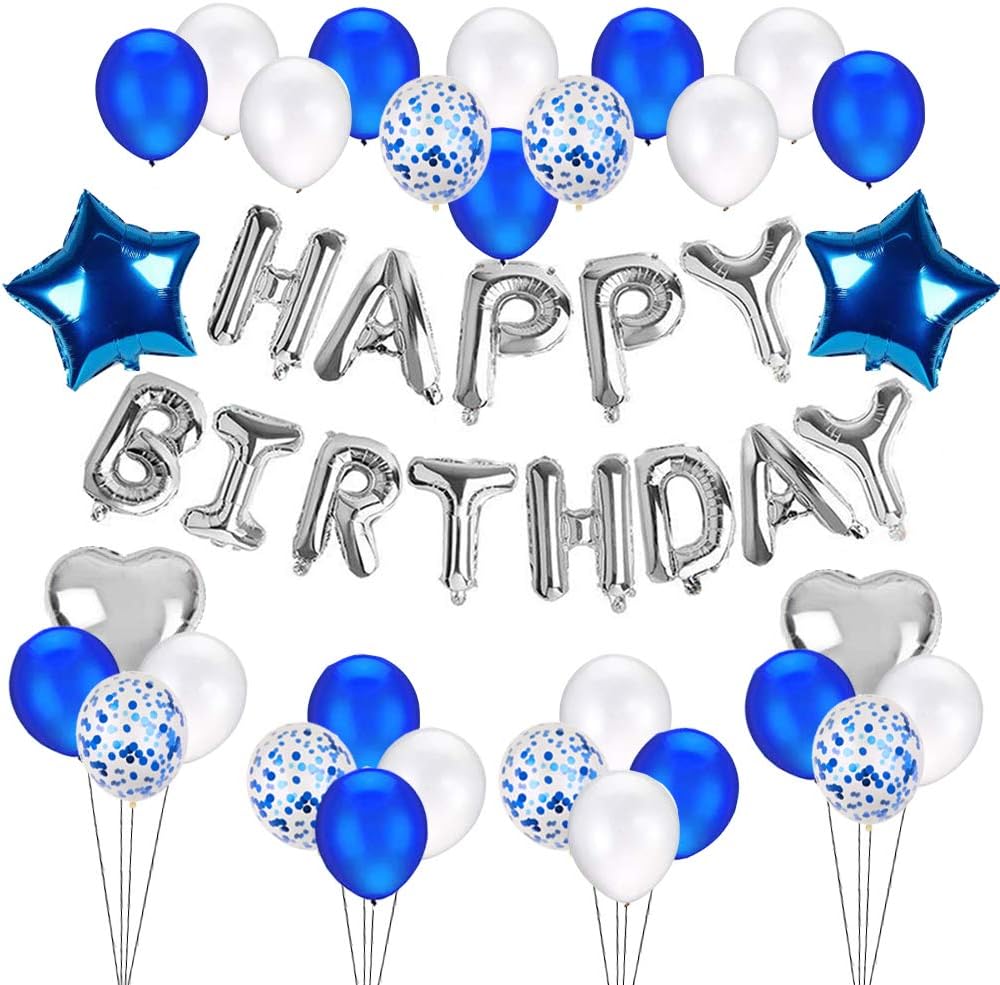 Amazon.com: Blue Silver Happy Birthday Decorations Set - with Happy Birthday Balloons Banner, Star Foil Balloons, Heart Foil Balloons, Latex Balloons, Confetti Balloons for Baby Boy Shark Birthday Party Supplies: Toys &